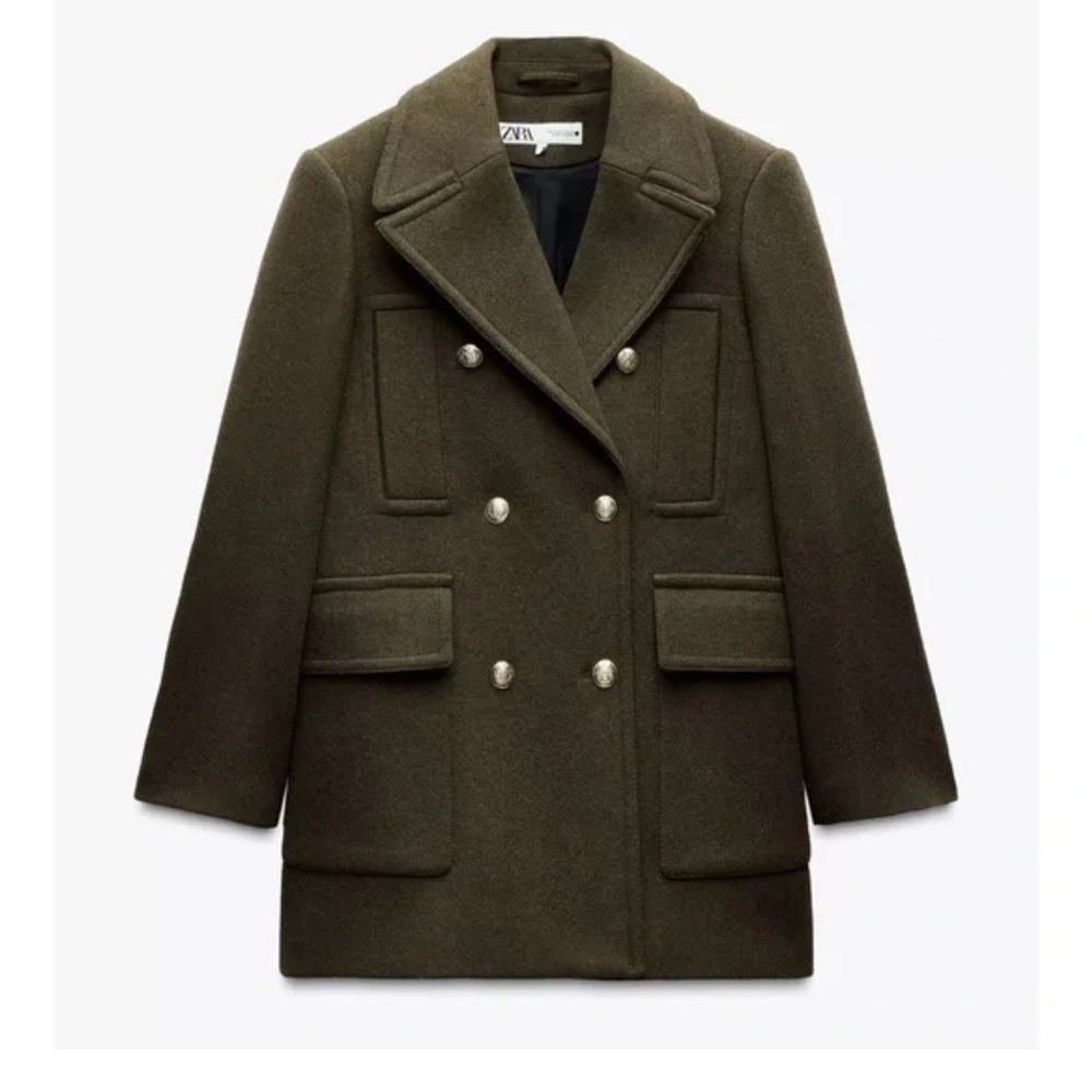 NWT Zara Wool Double-Breasted Pea Coat in Dark Olive Green Sz S - Picture 5 of 17